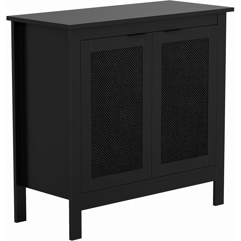 Buffet noir avec 2 portes en rotin, entrée