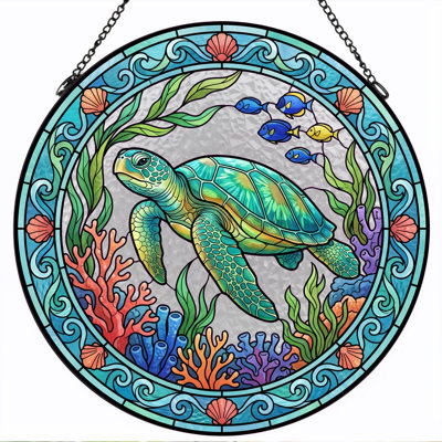 Sea Turtle Stained Glass Window Panel，7.8H
