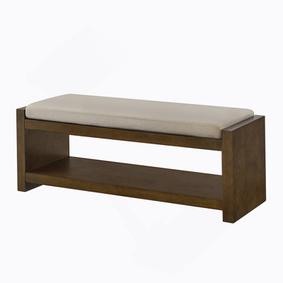 47" Accent Bench With Lower Shelf Shoe Rack, Padded Seating Bench For Living Room, Modern Compact Bed End Bench With Storage For Bedroom Seating, Removable Cushion, 47"W- Linen