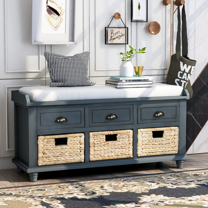 Javier Acacia Wood Upholstered Storage Bench with 3 Drawers and 3 Woven Baskets for Entryways, Bedrooms, or Living Spaces