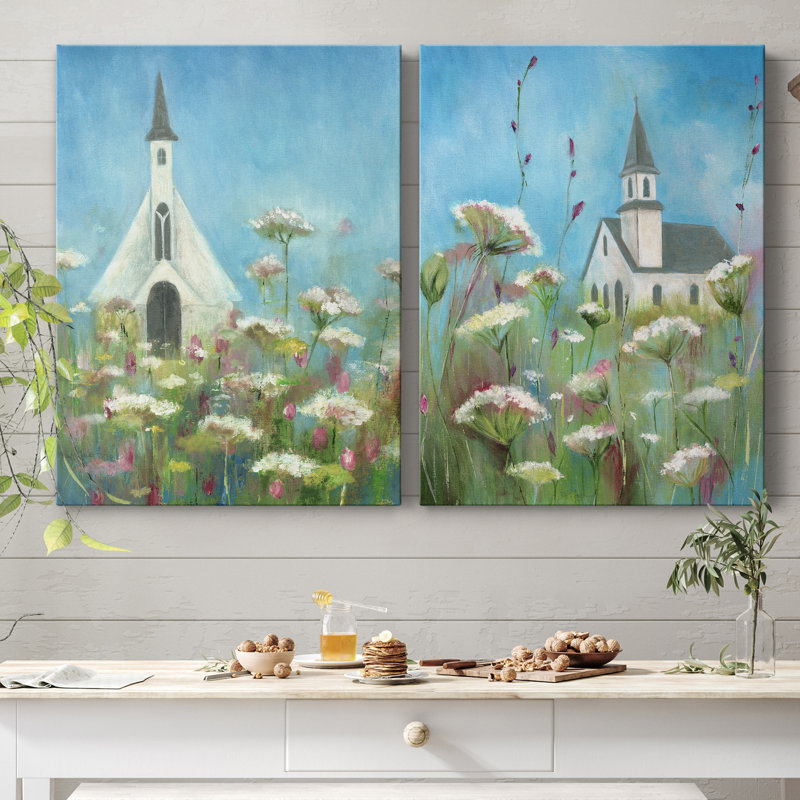 Country Church I - ensemble de 2 impressions murales, H 40 po x l 60 po x P 1 po, Toile tendue, Pas de tapis