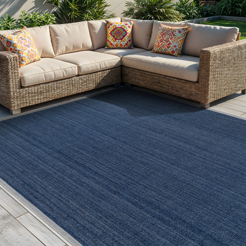 Border Navy/Ivory Easy-Care Jute-Style Indoor/Outdoor Flat Woven Area Rug, Navy, Rectangle 5' x 7'