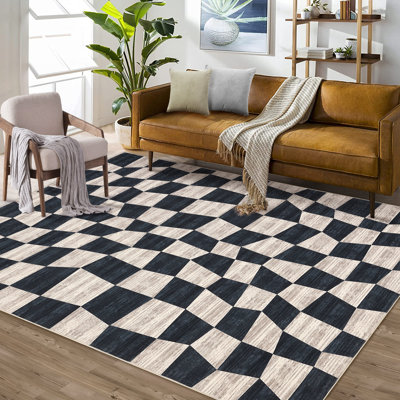 Tapis moderne à carreaux - Tapis lavable, antidérapant, à poils courts, doux et résistant à la décoloration pour le salon, la chambre à coucher, la cuisine - Facile à nettoyer - Bleu marine