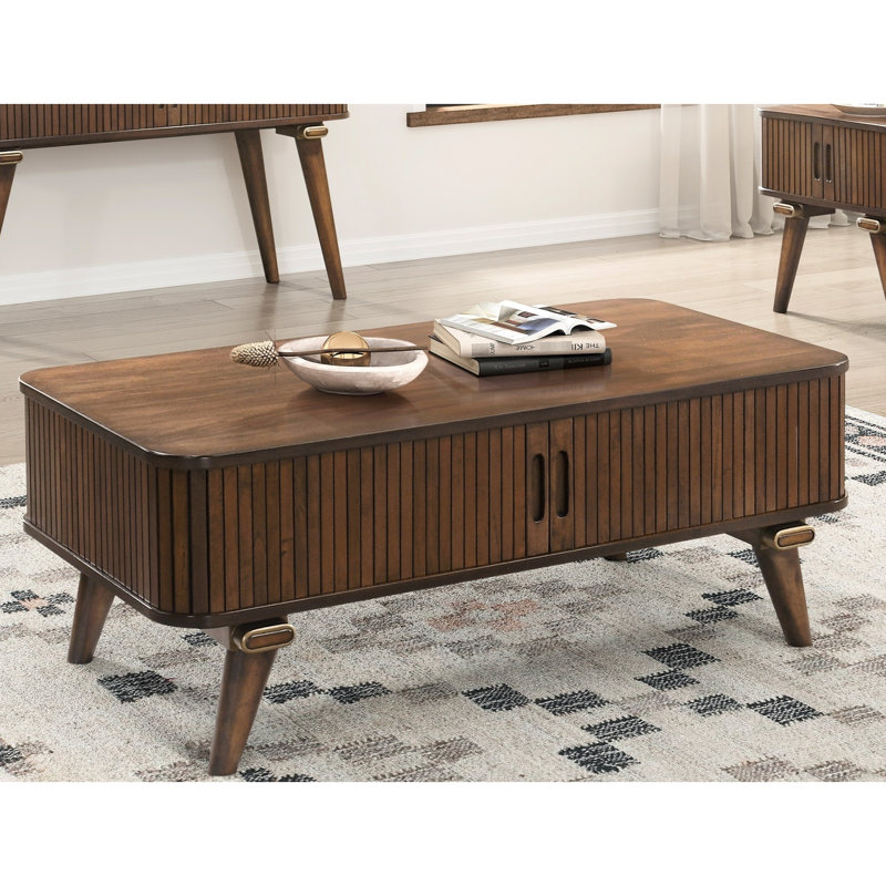 Table basse rectangulaire à finition noyer avec 2 tablettes et portes Tambour