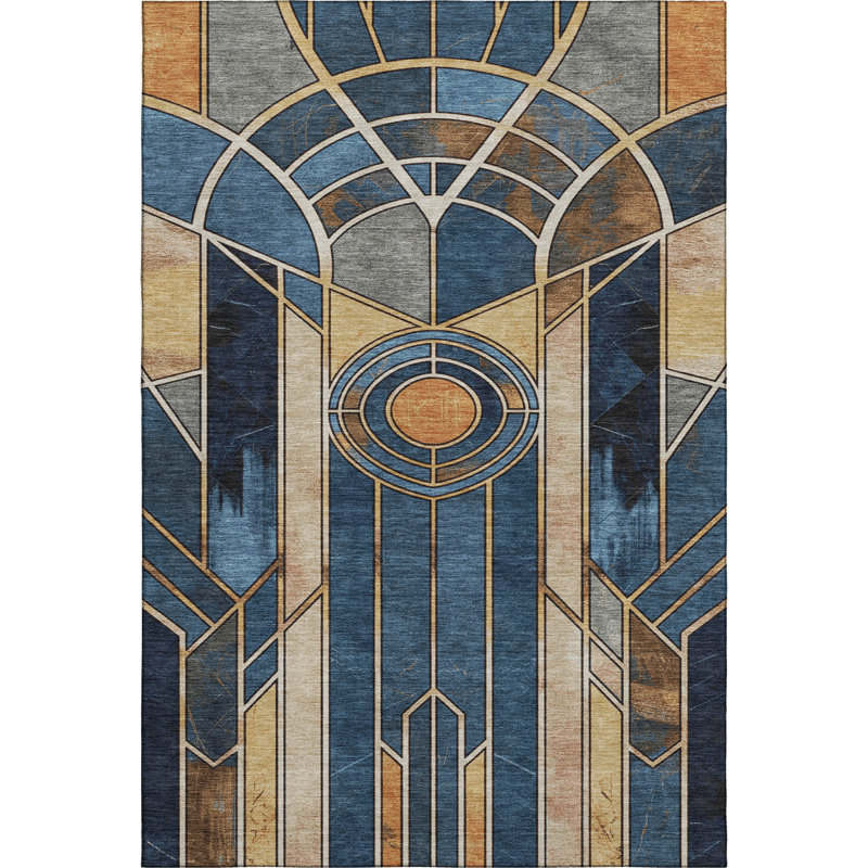 Tapis géométrique de qualité supérieure lavable à la machine Mayfield, Bleu, 9 pi x 12 pi