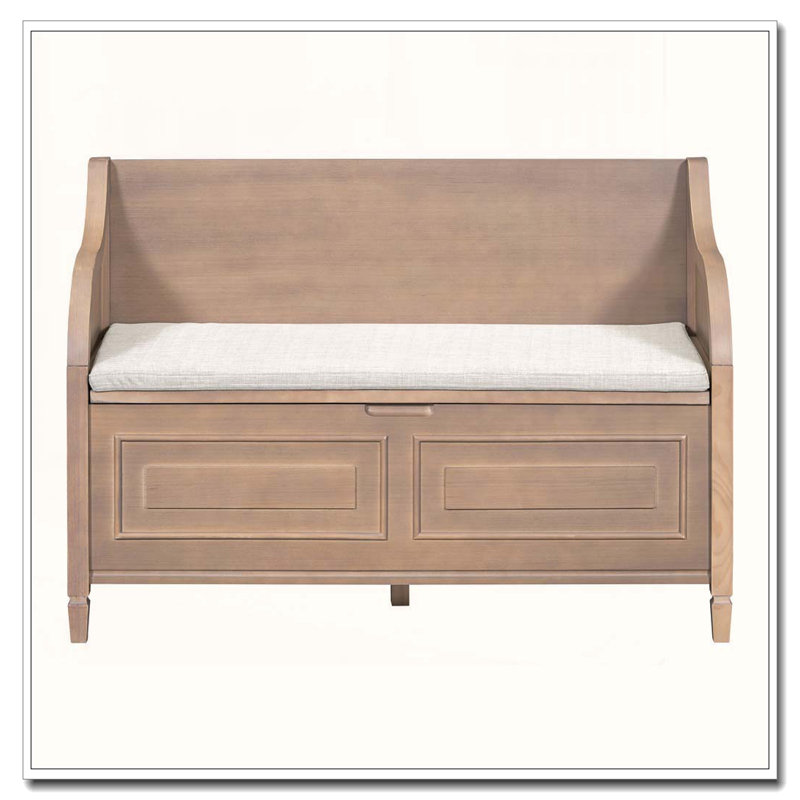 Banc de rangement en bois massif rustique avec charnière de sécurité et coussin amovible, Brun