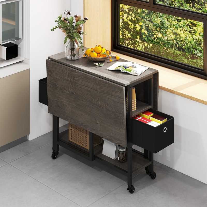  Folding Dining Table, Mobile Drop Leaf Table With 6 Wheels & Storage Drawers For Small Spaces, Kitchen, Dining Room, Black