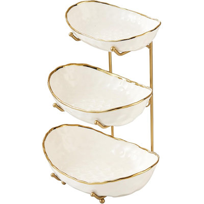 3-Tier White Ceramic Fruit Bowl with Gold Metal Stand – No-Assembly Counter Organizer for Kitchen & Dining