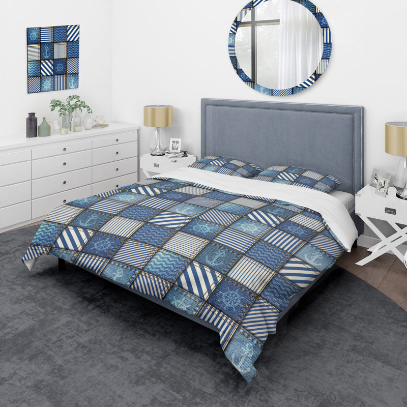Blue Denim Patchwork - Abstract Duvet Cover Set - Microfiber Polyester, King Duvet Cover + 2 King Shams