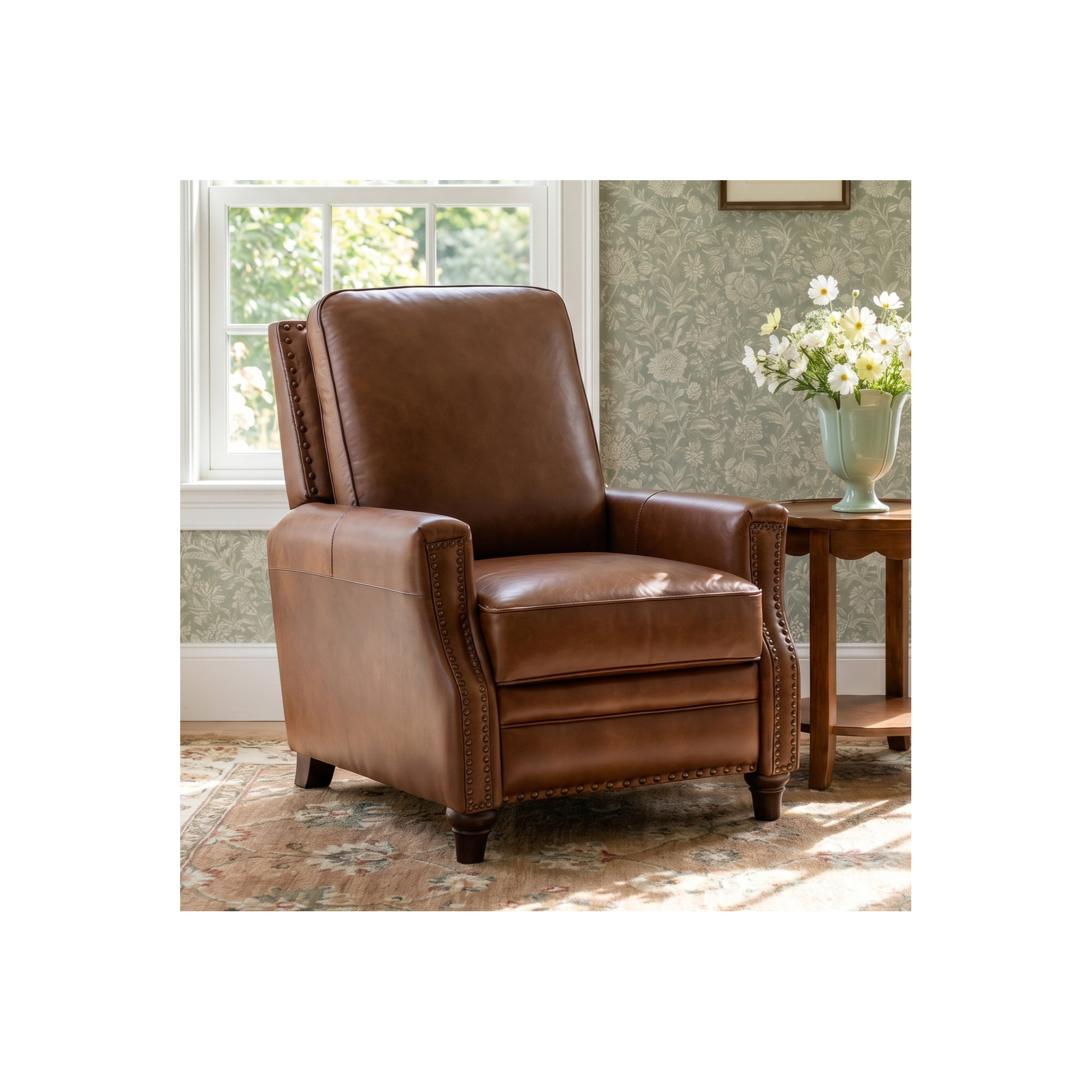 Andrena Genuine Leather Recliner with Nailhead Trim, Saddle Genuine Leather