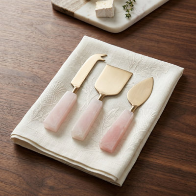 Elegant Quartz Cheese Knife Hostess Serveware in Box for Dining Table - Kitchen Serving Utensil Set for Entertaining & Catering - Set of 3, 7", Gold & Pink