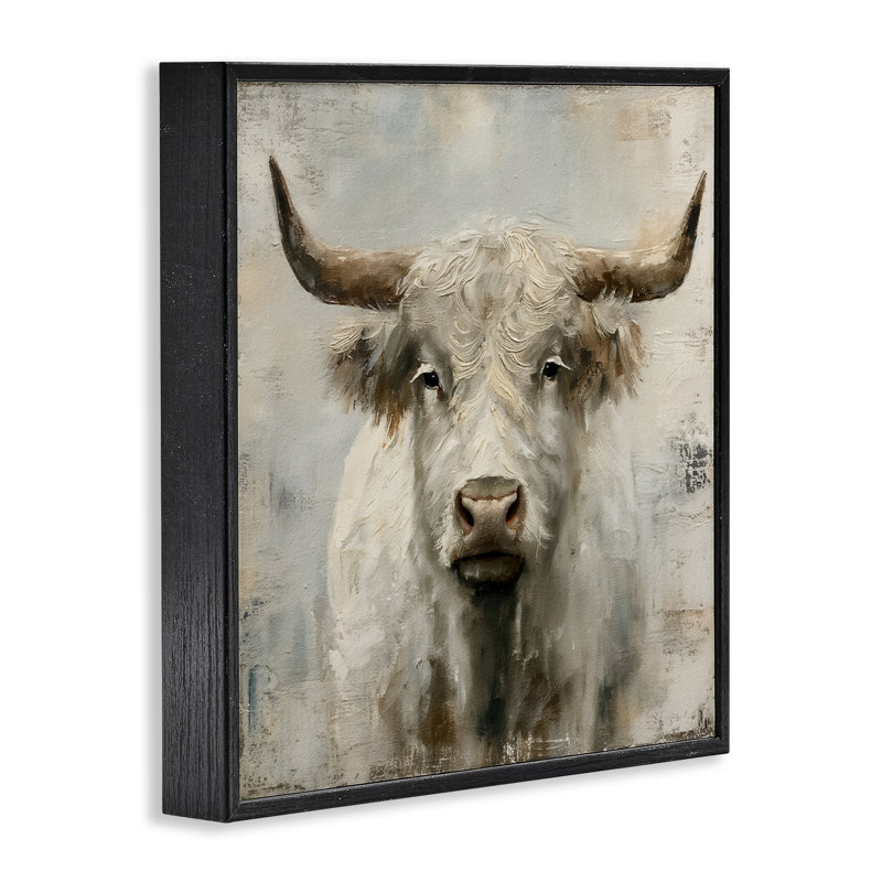 «Fluffy Longhorn Bovins», estampe numérique par Steve Huntziker, H 12 po x l 12 po, Giclée encadrée noir minuit