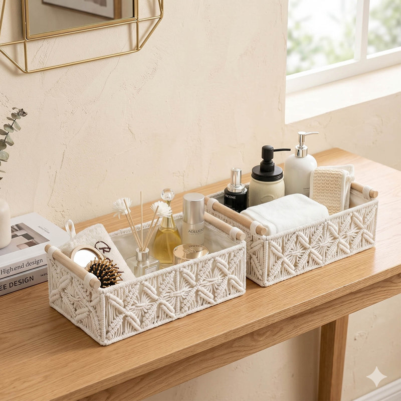 Panier de rangement en macramé Boho, panier de rangement en corde de coton tissé pour tablettes et comptoirs, Blanc