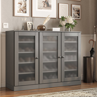 100% Solid Wood Frosted Glass Door Shoe Storage Cabinet, Adjustable Shelves, Space Saving Modular Entryway Organizer, 48.5" W x 35.75" H