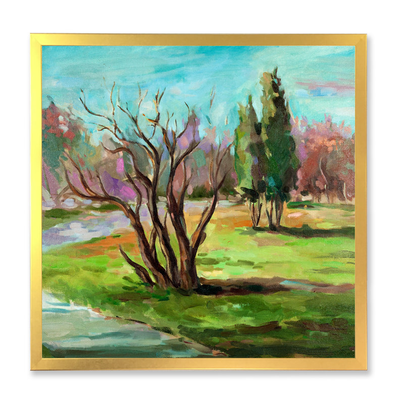 Deux arbres éloignés dans un paysage vert - peinture sur toile, H 36 po x l 36 po x 1,5 po, Cadre doré