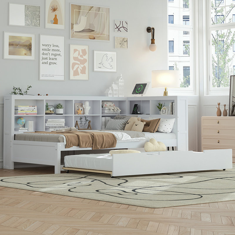 Lit de jour en bois avec couchette simple, lit de jour avec tablette de rangement et ports de charge USB, blanc