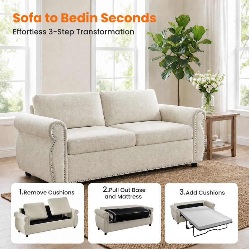 2 Seater Linen Sofa Bed, Beige, Queen