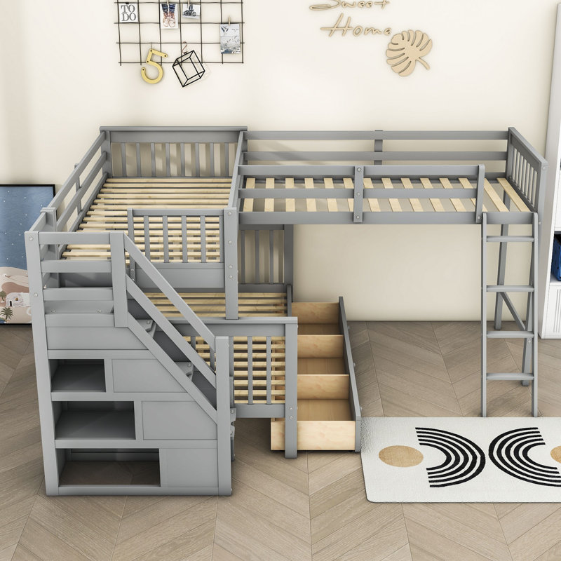 Lits superposés en bois en forme de L à 3 tiroirs avec tablettes Idasia, gris