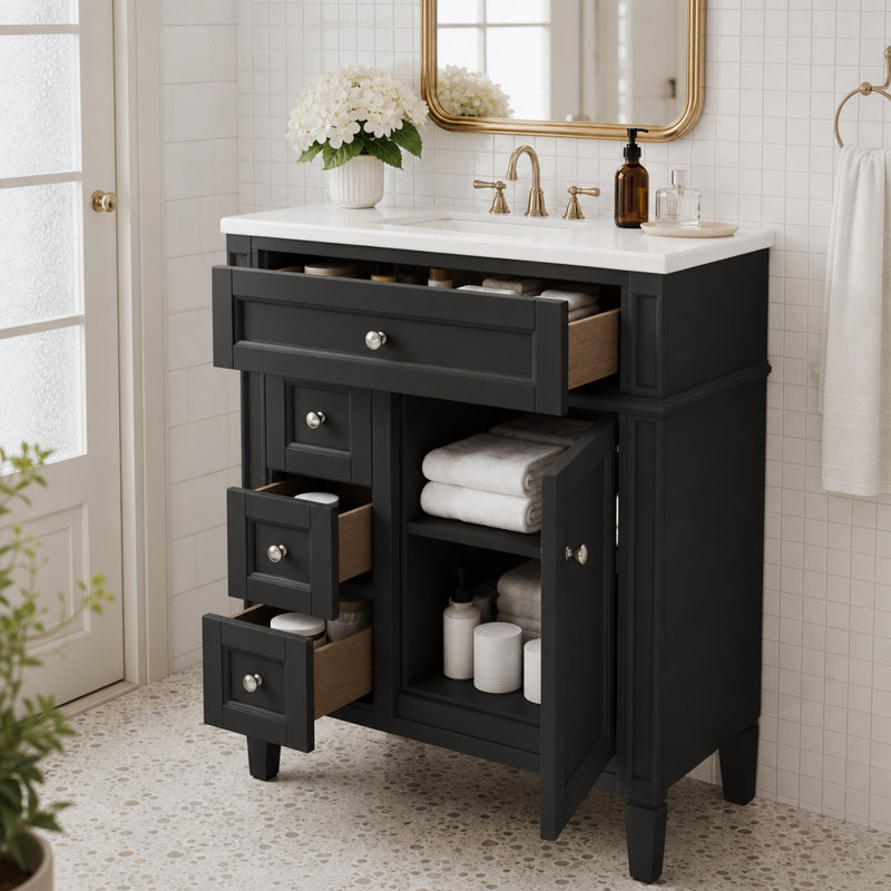 Lavabo autoportant à panneau surélevé noir mat blanc avec poignées rondes argentées