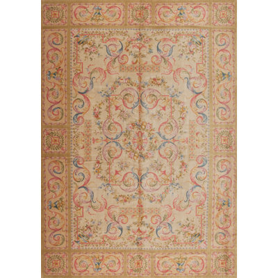 One-of-a-Kind Savonnerie Hand-Knotted 10' x 14' Area Rug in Beige/Ivory
