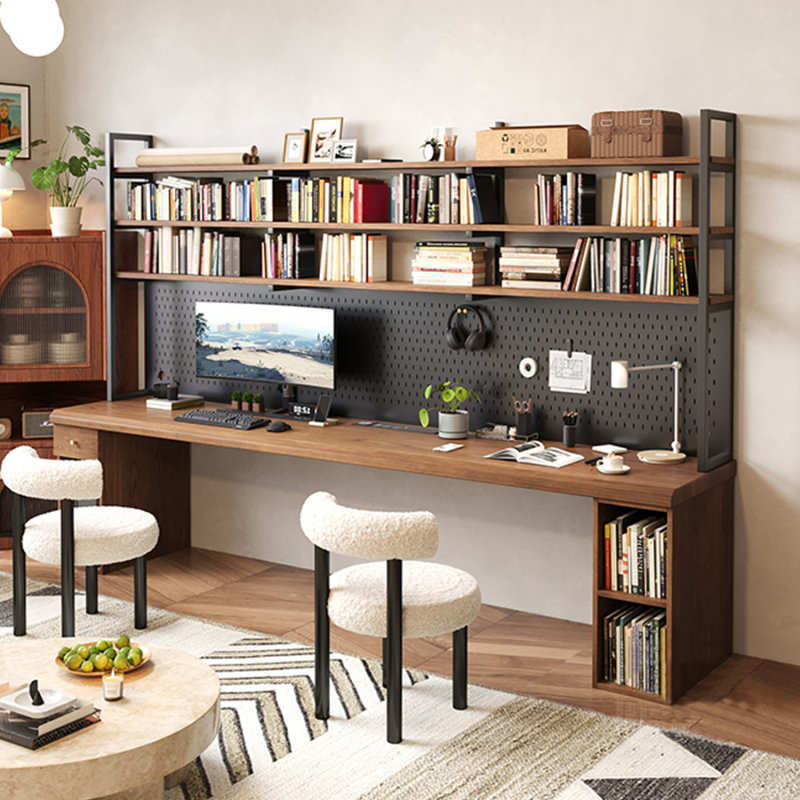 Bureau en noyer clair clair + bois massif noir rectangulaire + fer avec 1 tiroir, 88.58" H x 62.99" W x 23.62" D