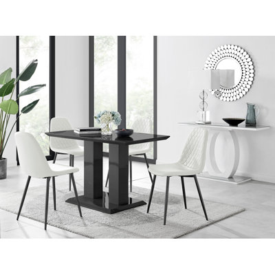Edzard Double Pedestal High Gloss Dining Table Set with 4 Luxury Faux Leather Dining Chairs