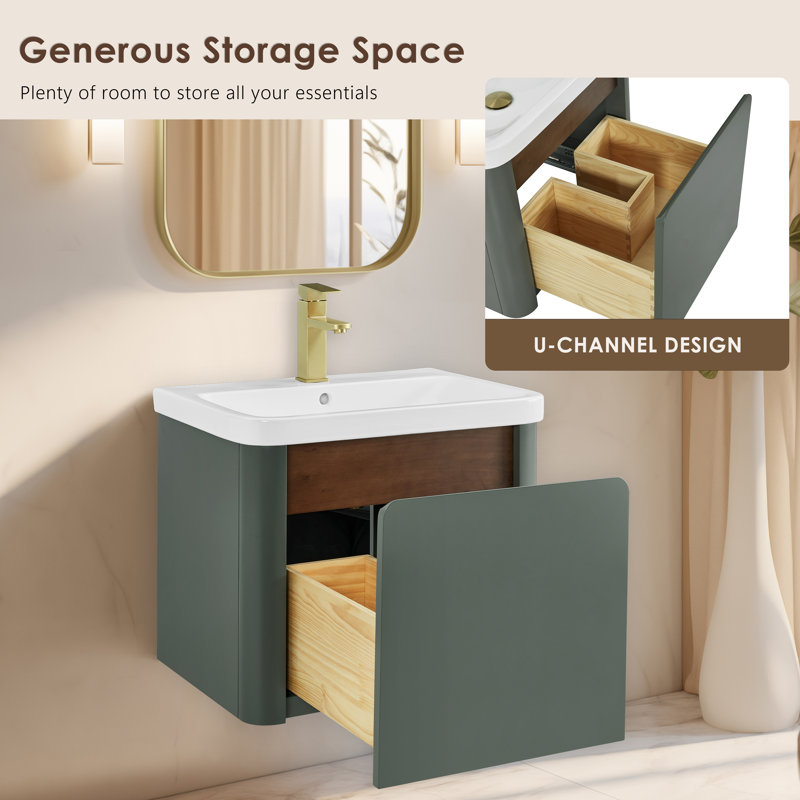 Barkley 24" Floating & Wall-Mounted Single Bathroom Vanity In Vintage Green With Ceramic Integrated Sink And Countertop