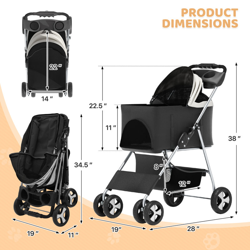 Black Foldable Pet Stroller with Detachable Storage Basket
