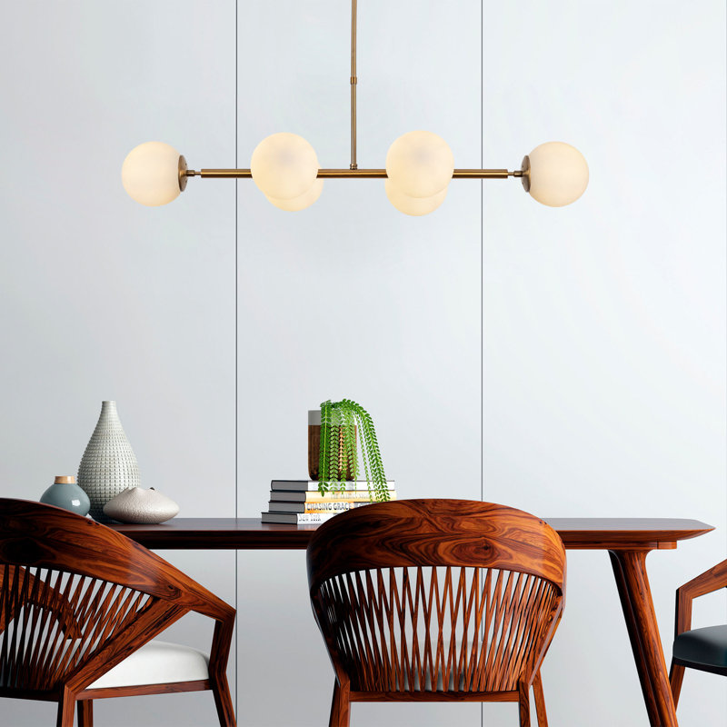 Lustre moderne en cuivre, hauteur réglable, 43,3 x 15,7 x 13,8 à 25,9 pouces | Corps en métal avec capuchons en verre, 6 x douilles E14 de 40 W maximum | Conception rétro glamour pour espaces scandinaves et contemporains, indice de protection IP20