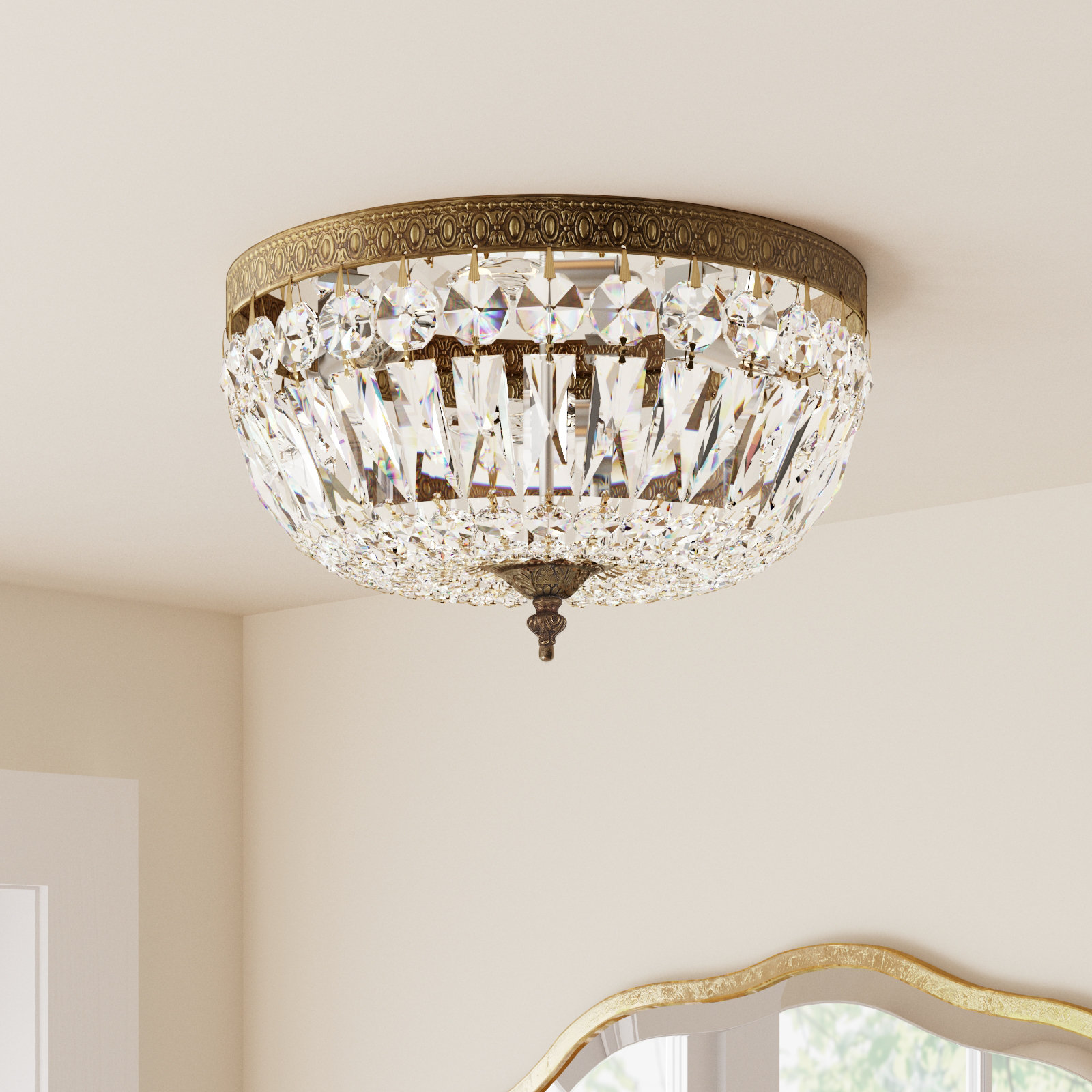 Linal 3 Light Crystal Flush Mount, Olde Brass
