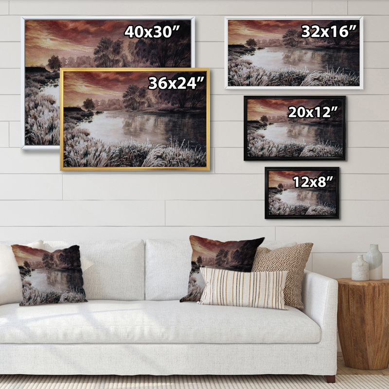 Winter River Landscape - reproduction de cadre flottant sur toile, H 24 po x l 36 po x P 1 po, Cadre flottant blanc