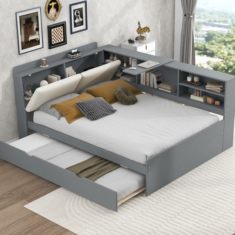 Wood Full Size platform bed with Trundle, Shelves and Storage Headboard, Gray