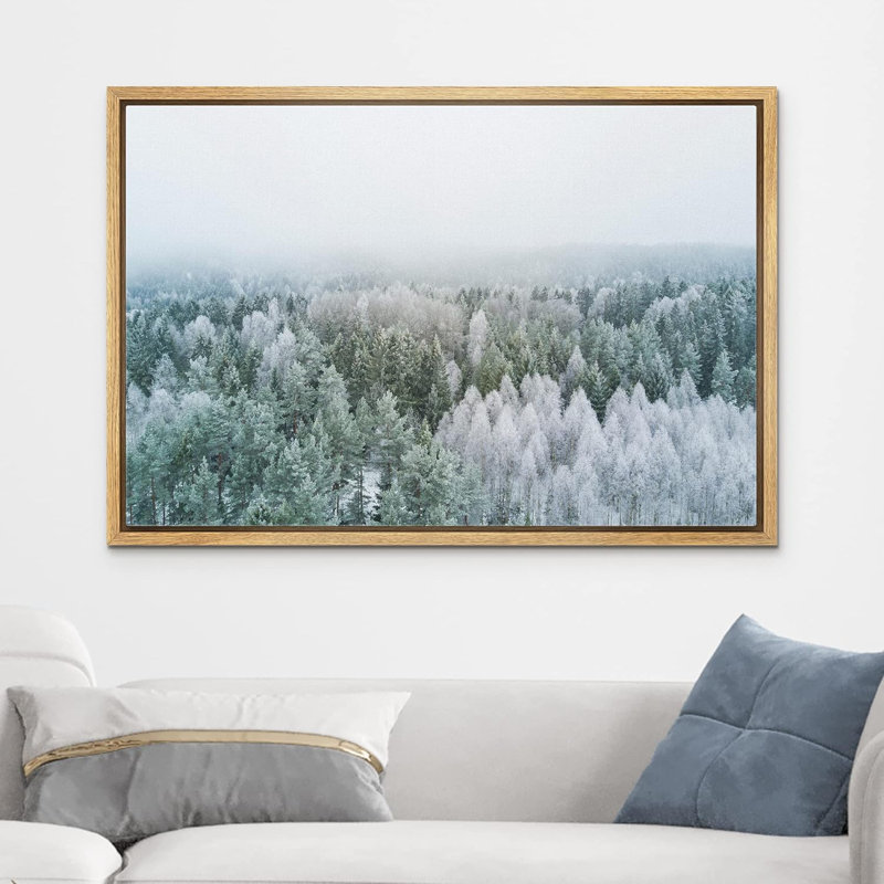 Blanc et vert pin brumeux, forêt, nature sauvage, photographie, art moderne, rustique, Cadre naturel flottant