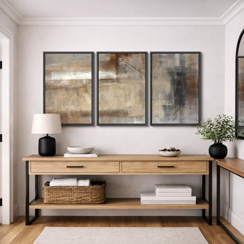 Grunge Abstract Paint Stroke Effect "Neutral Tan Brown Artwork, Rustic Living Room Wall Pictures, Large Framed Canvas Giclee Print 3 Pieces Wall Art Set" 16"x24"x3 pcs, 24"x36"x3 pcs
