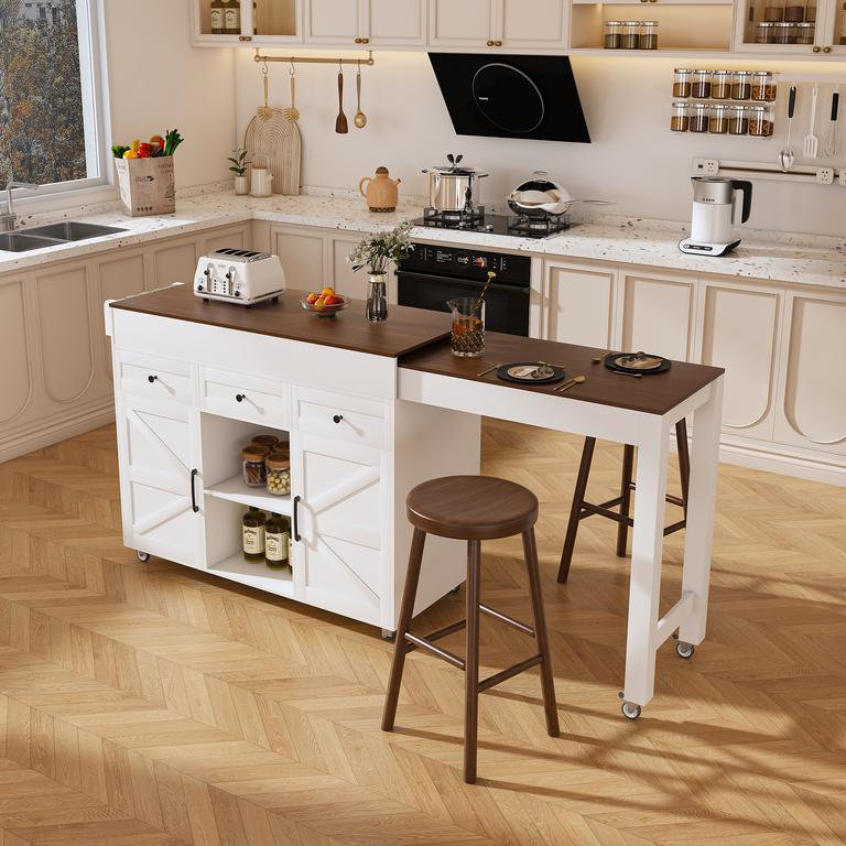 Îlot de cuisine 74,8 po avec table de salle à manger extensible et prise de courant - Chariot de rangement sur roulettes avec 3 tiroirs et armoire à 2 portes pour la salle à manger, blanc