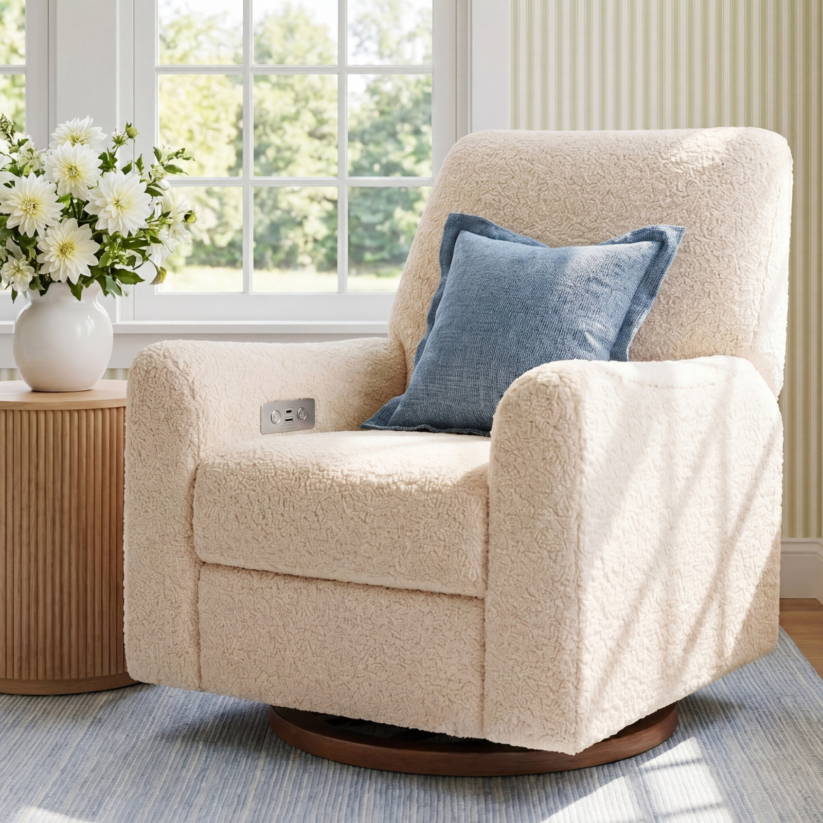 Sunday Swivel Glider, Beige Sherpa, Dark Wood