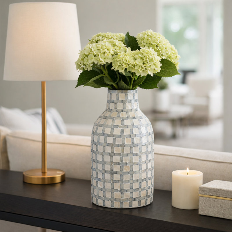 Mosaic Capiz Vase With Checkered Pattern For Home Decor - Decorative Tall Flower Vase For Table Centerpiece Or Shlef Accent - Ivory & Gray