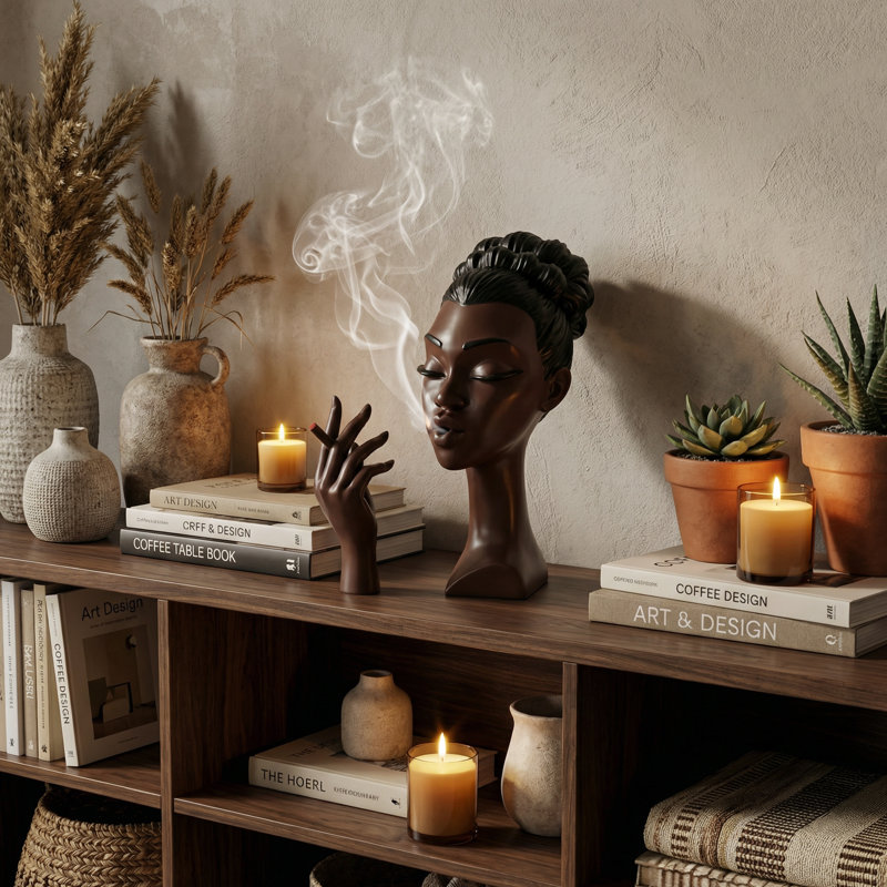 Brûleur d'encens Elegant Black Women - statue de méditation en résine fabriquée à la main