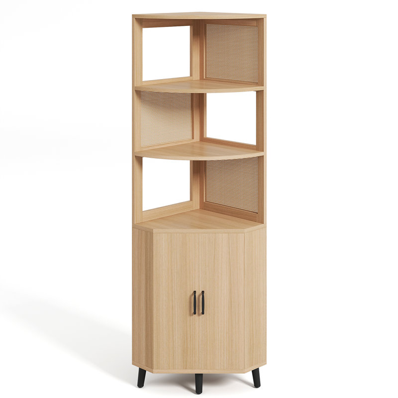 Bibliothèque de rangement 69 "H x 17,7" l en rotin et bois avec portes, tablette d'angle à 3 niveaux avec armoire, Naturel