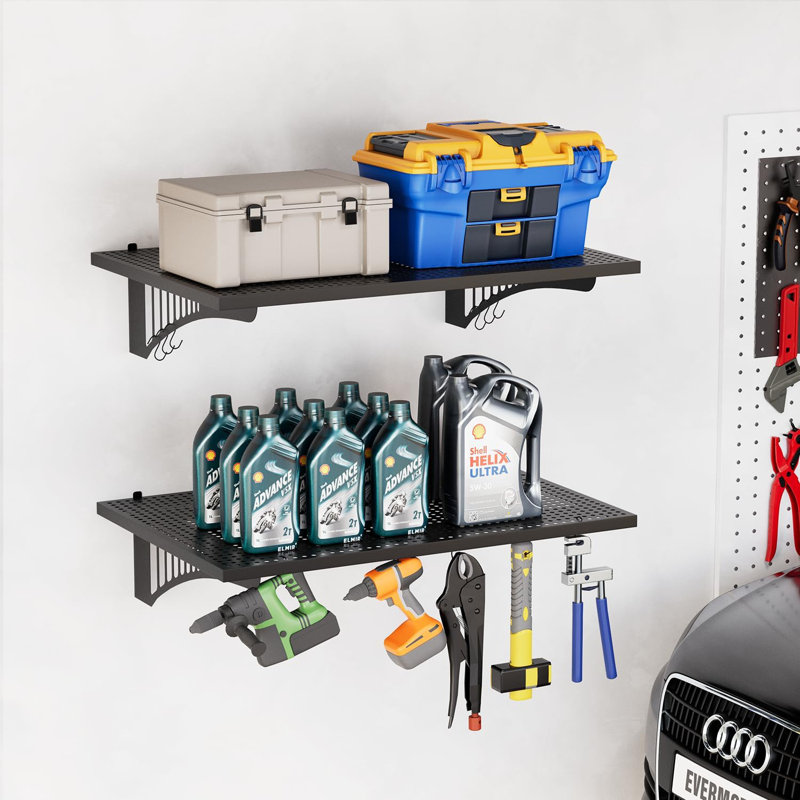 Paquet de 2 tablettes murales de garage réglables de 2 pi x 3 pi - Rangement en métal robuste avec capacité de charge de 500 lb, support de rangement flottant avec crochets pour atelier et garage