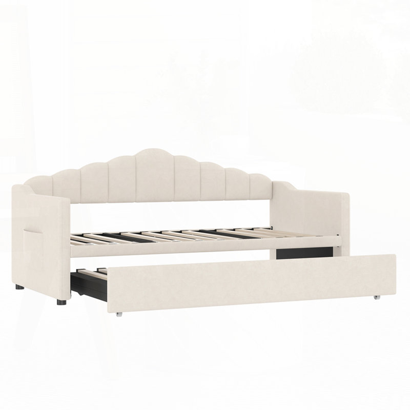 Lit de jour rembourré simple avec lit gigogne, Beige
