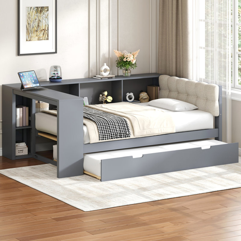 Lit plateforme en bois simple avec tablettes de rangement, lit gigogne, station de charge et tête de lit tapissier, gris