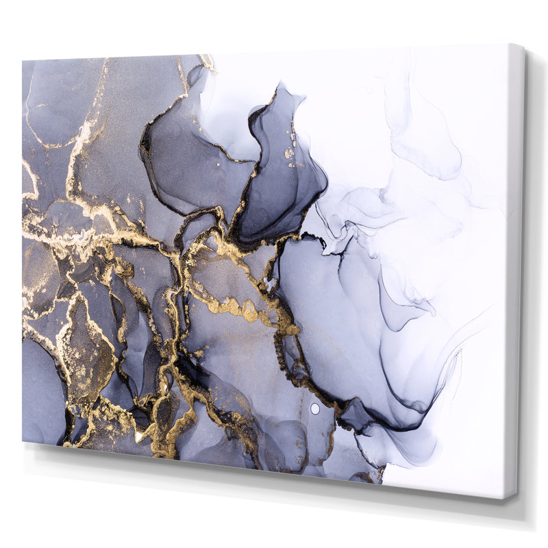 " Grey And Shiny Golden Alcohol Ink ", 40" H x 60" W, Wrapped Canvas