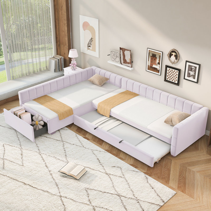 Twin Size L-Shape Upholstered Double Daybed With Trundle And Drawer, Pink