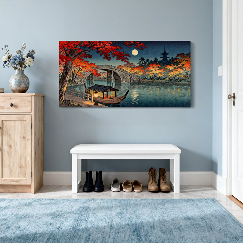 Paysage et nature Automne Lune pont bateau lanterne arbres pagode eau, H 28 po x l 58 po