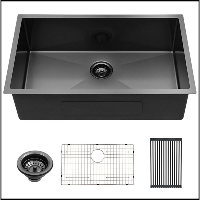 Évier de cuisine encastré à simple cuve profonde de calibre 16 de 10 po 28 po x 18 po x 10 po, Bronze industriel-noir