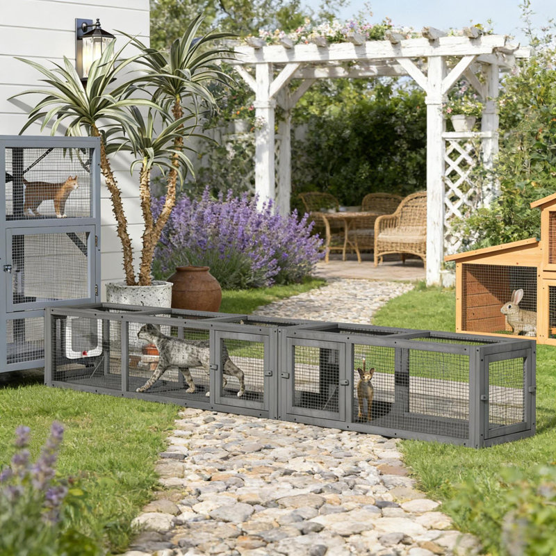 Cages et parcs pour chats polyvalents en bois, construction métallique, style rustique pour un plaisir extérieur sécuritaire