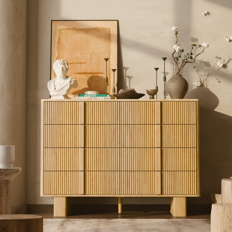 Fluted 8 Drawer Dresser for Bedroom, 47” Wide Modern Chest with Faux Marble Top, Wood Storage Dresser for Closet, Living Room, Hallway