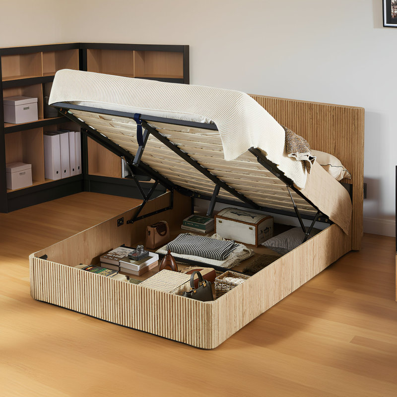 Structure de lit pour grand lit avec mécanisme de levage, conception en bois ondulé et support à 12 lattes, Chêne