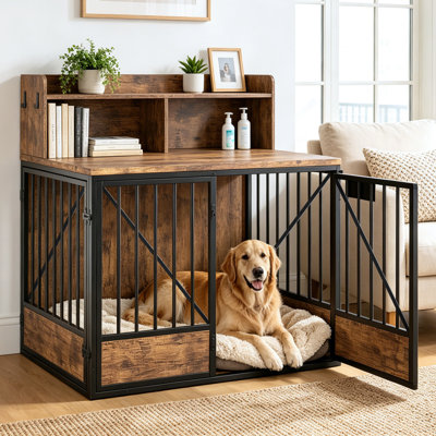 Grande table d'appoint en forme de caisse de style mobilier en bois, chenil en bois pour animaux de compagnie à l'intérieur pour les grands chiens, style campagnard rustique